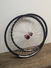 Load image into Gallery viewer, We Are One Triad 27.5 Inch Rims With Industry Nine Hydra Red Hubs White Berd Spokes Sale