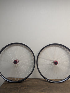 We Are One Triad 27.5 Inch Rims With Industry Nine Hydra Red Hubs White Berd Spokes Sale